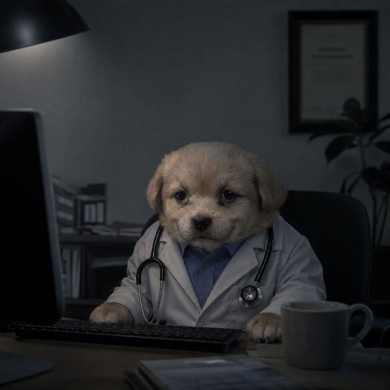 Intern Dog at the desk at night
