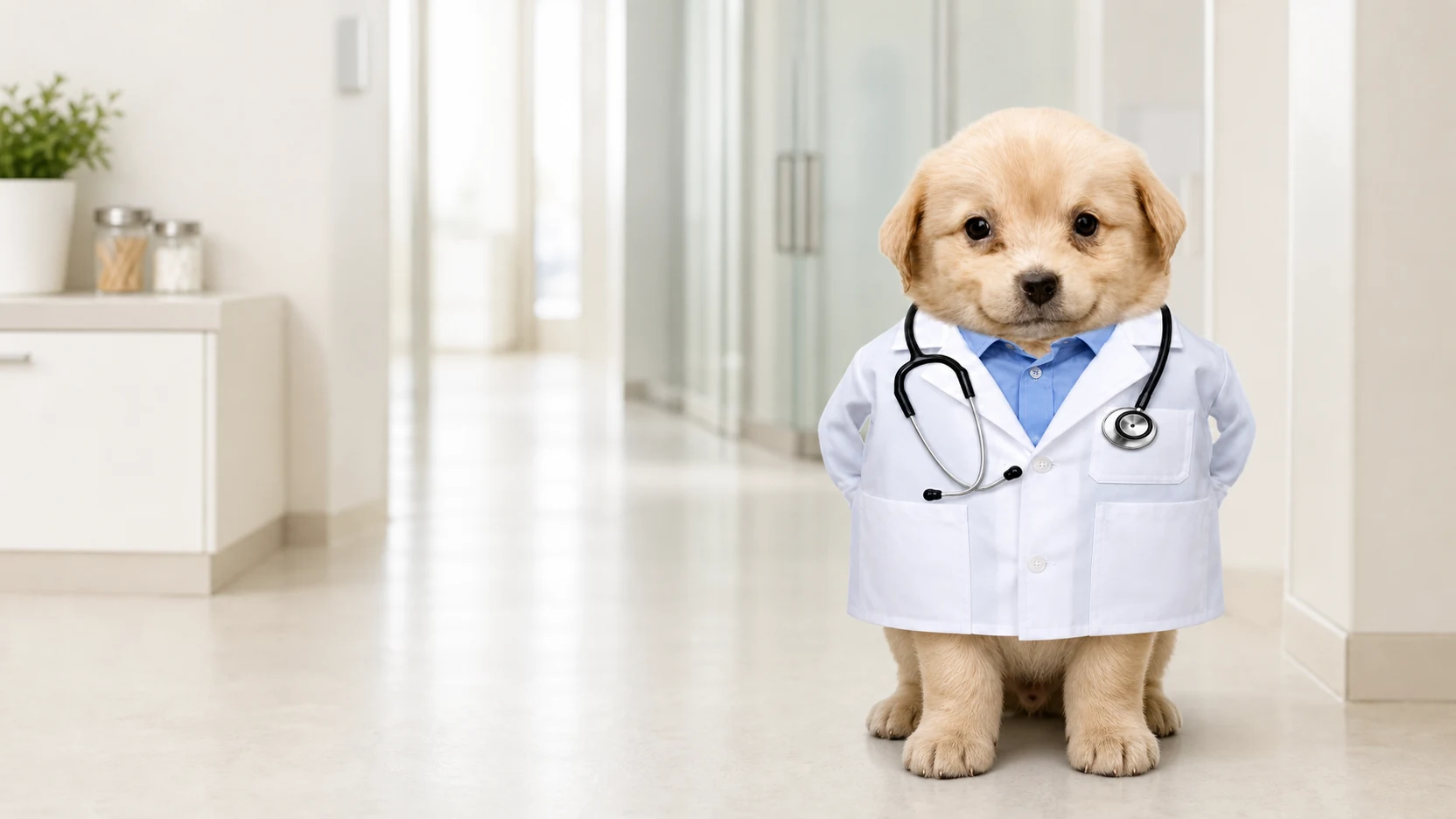 Intern Dog standing in the corridor